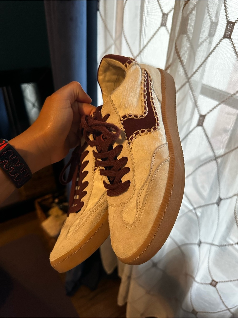 Dolce vita Cream Suede Sneakers with Burgundy Accents